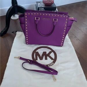 Michael Kors Saffino Purple Gold Studded Women's Tote Bag Satchel Purse Crossbod